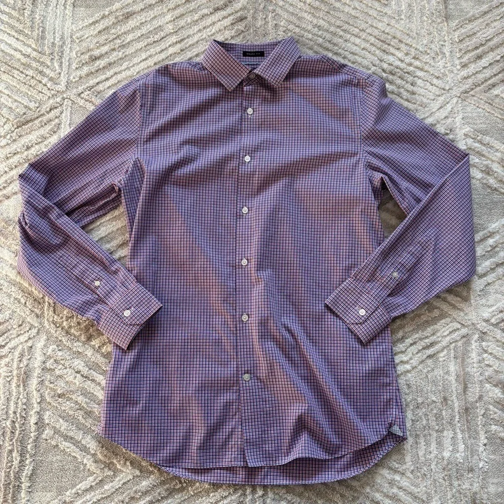 Banana Republic Shirt Mens Large Blue‎ Red Plaid Grant Fit Non Iron Stretch